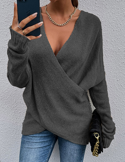 Fashion Dark Grey Polyester Cross Knit Sweater