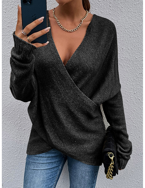 Fashion Black Polyester Cross Knit Sweater