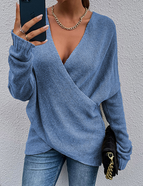 Fashion Blue Polyester Cross Knit Sweater