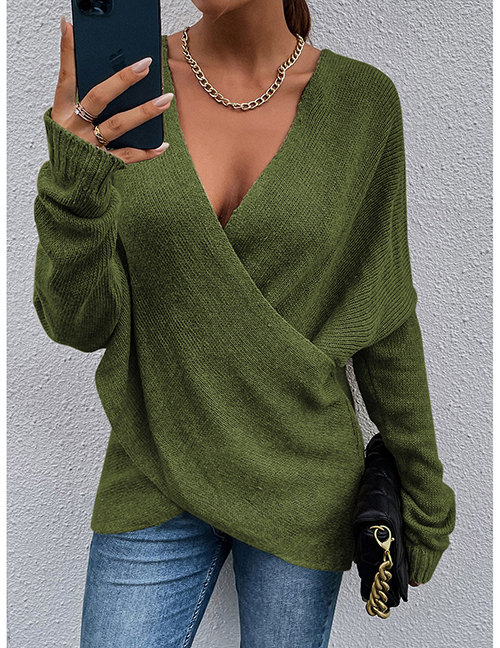 Fashion Armygreen Polyester Cross Knit Sweater