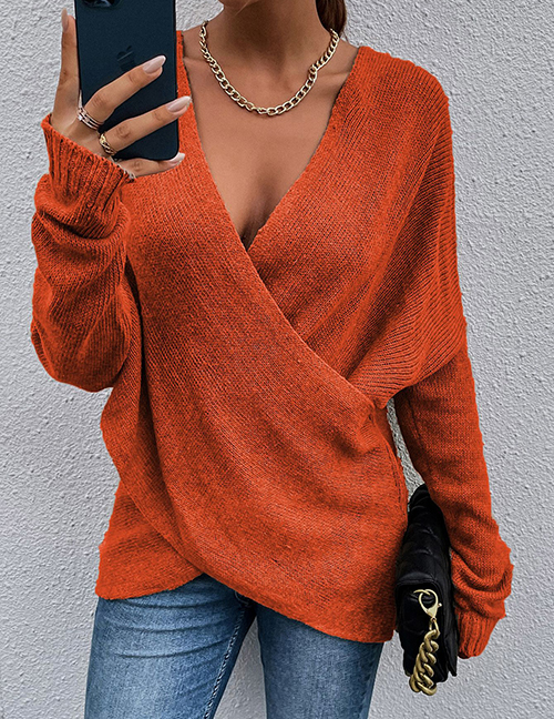 Fashion Orange Polyester Cross Knit Sweater