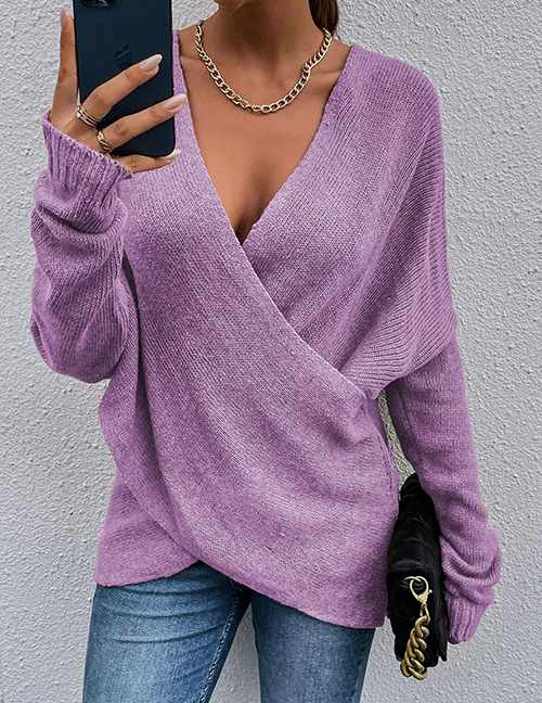Fashion Purple Polyester Cross Knit Sweater