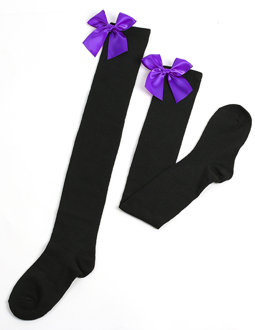 Fashion Black 52 - Purple Knot Polyester Knit Bow Tall Socks
