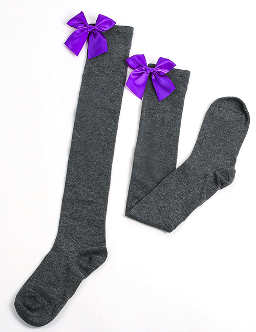 Fashion Dark Grey 54 - Purple Knot Polyester Knit Bow Tall Socks