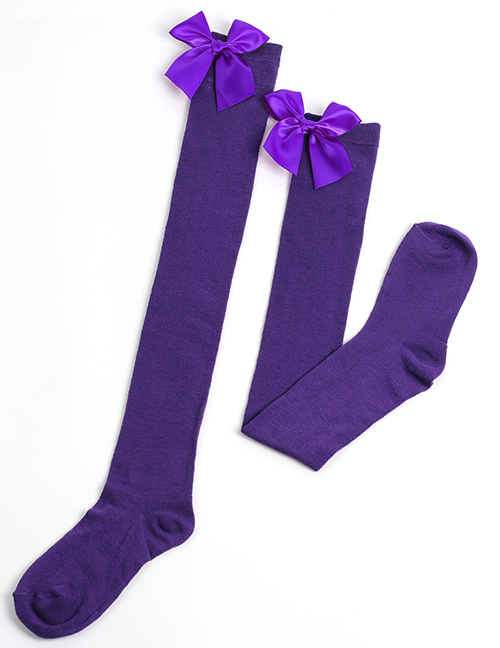 Fashion Purple 55 - Purple Knot Polyester Knit Bow Tall Socks