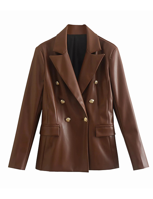 Fashion Brown Faux Leather Double-breasted Blazer