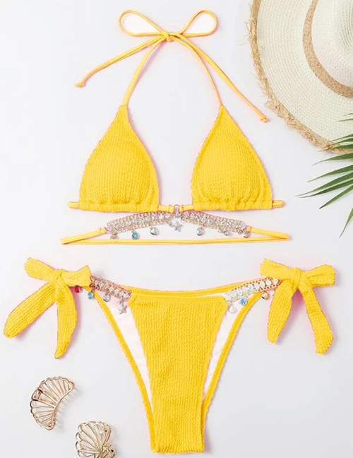 Fashion Yellow Solid Chain Lace-up Swimsuit