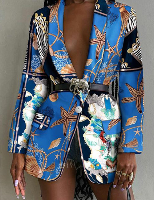 Fashion Blue Starfish Blazer With Geometric Print Lapel Pockets
