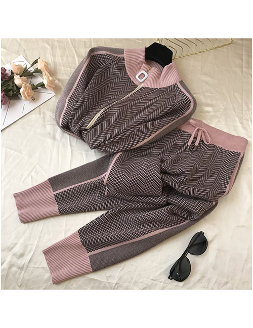 Fashion Pink Acrylic Print Knitted Zip-up Jacket And Trousers Set
