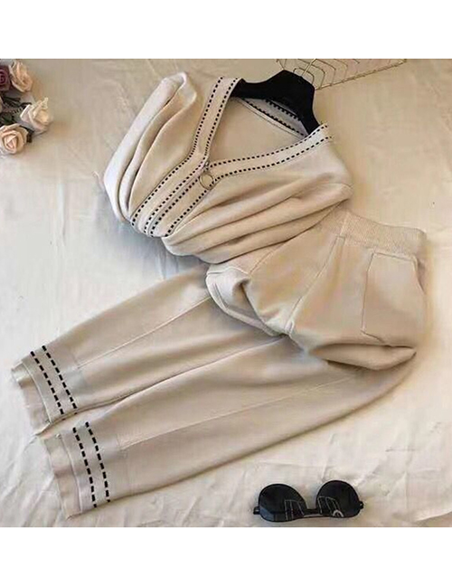 Fashion White V-neck Long-sleeve Zipper Jacket Pencil Pants Set