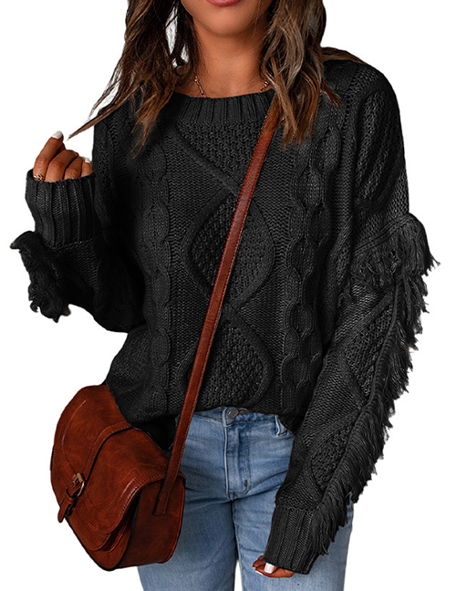 Fashion Black Diamond Tassel Solid Color Pullover Round Neck Knitted Sweater