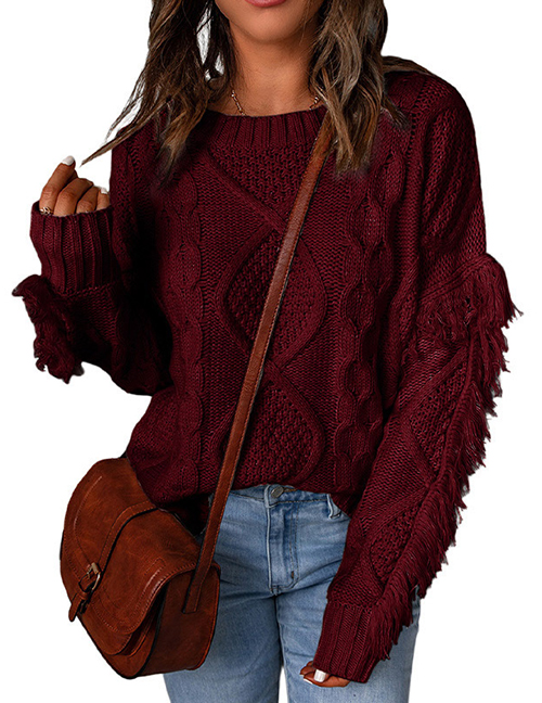 Fashion Claret Diamond Tassel Solid Color Pullover Round Neck Knitted Sweater