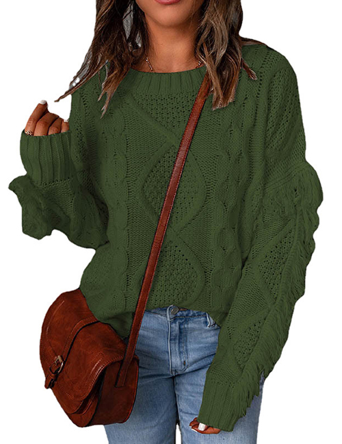 Fashion Armygreen Diamond Tassel Solid Color Pullover Round Neck Knitted Sweater
