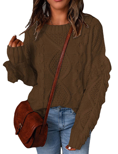 Fashion Dark Brown Diamond Tassel Solid Color Pullover Round Neck Knitted Sweater
