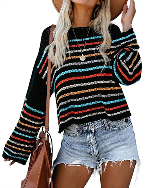 Fashion Black Colorful Striped Knit T-neck Sweater