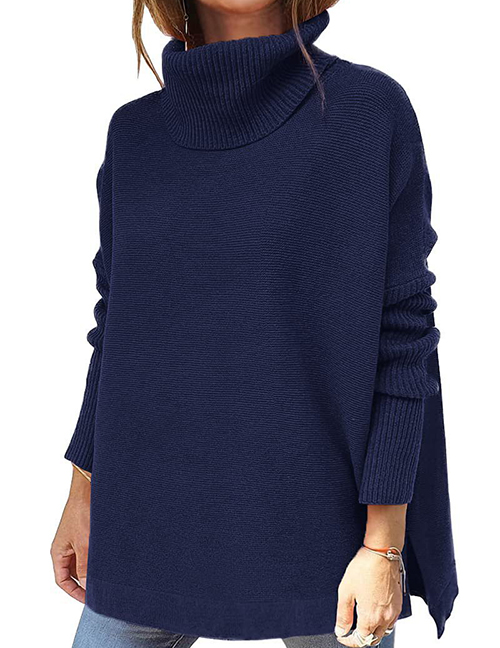 Fashion Royal Blue Polyester Slit Turtleneck Knitted Sweater