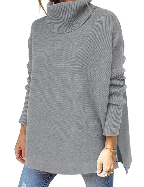 Fashion Light Grey Polyester Slit Turtleneck Knitted Sweater