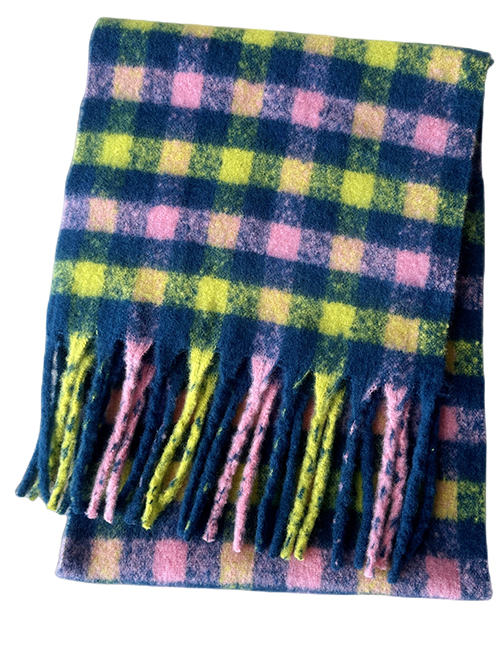 Fashion Pink Green Grid Faux Mohair Check Fringed Scarf