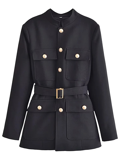 Fashion Black Woven-breasted Belted Coat
