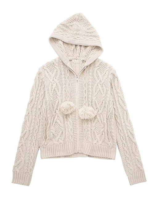 Fashion White Wool Knit Hooded Zip Jacket