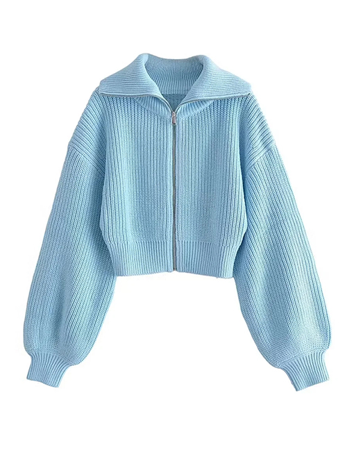 Fashion Blue Wool Knit Lapel Zip Jacket