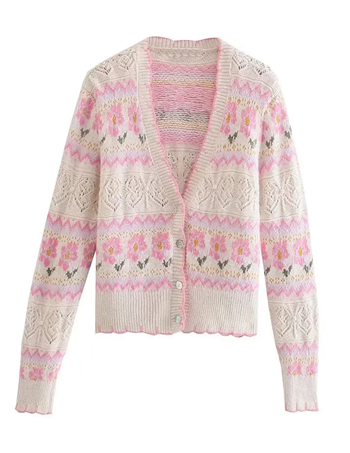 Fashion Pink Floral Jacquard Knitted Jacket