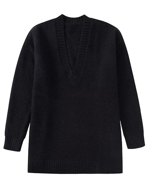 Fashion Black Knitted V-neck Sweater