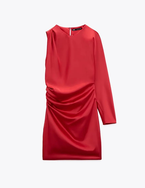 Fashion Red Silk-satin One-sided Long-sleeve Pleated Dress