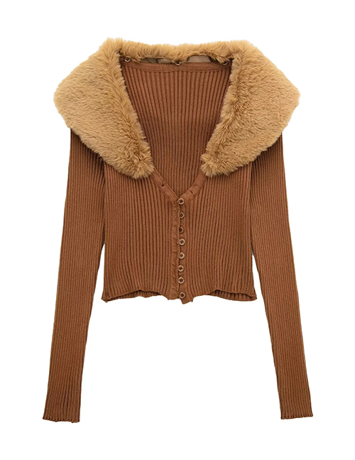 Fashion Brown Fur Collar Knitted Cardigan Coat