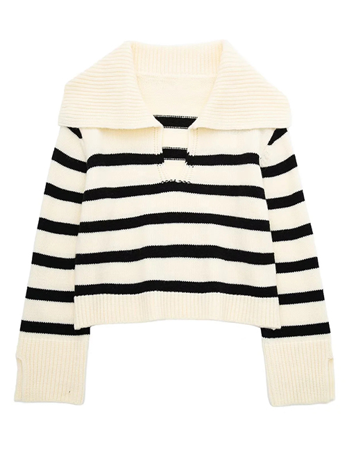Fashion Black And White Wool Knit Striped Lapel Sweater