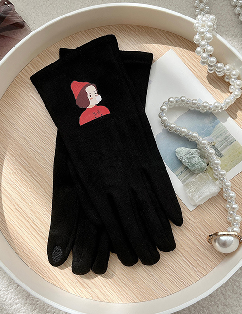 Fashion Little Red Riding Hood - Black Leather Gloves Suede Cartoon Five Finger Gloves