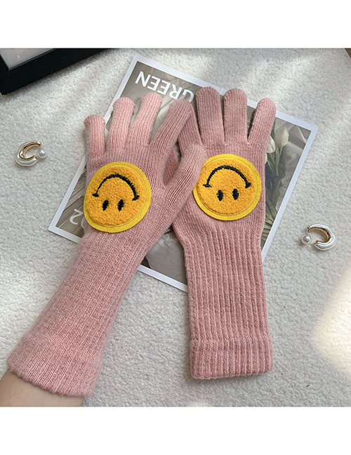 Fashion Light Pink Polyester Wool Knit Smiley Embroidered Five Finger Gloves