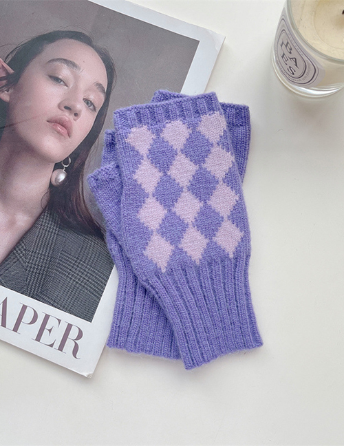 Fashion Purple Diamond Knit Half Finger Gloves