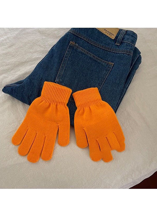 Fashion Adult Fluorescent Orange Solid Color Wool Knit Five-finger Gloves