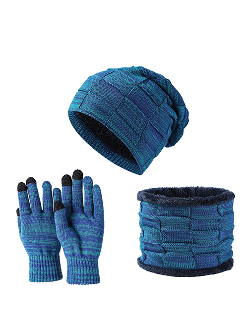 Fashion Blue-green Polyester Knit Sweater Hat Five Finger Gloves Scarf Set