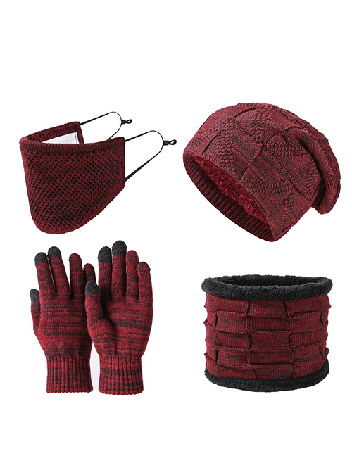 Fashion Claret Acrylic Knitted Wool Cap Five-finger Gloves Scarf Mask Four-piece Set
