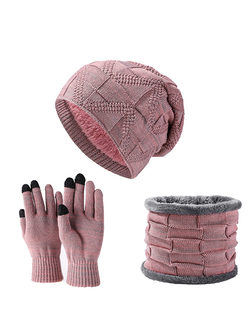 Fashion Pink Acrylic Knitted Wool Cap Five-finger Gloves Scarf Mask Four-piece Set
