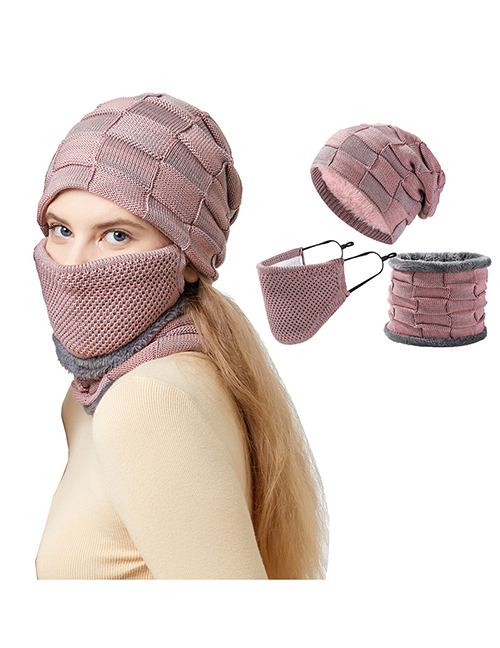 Fashion Two-color Square Hat Scarf Mask Kit Pink Two-tone Square Knit Scarf Beanie Mask Set