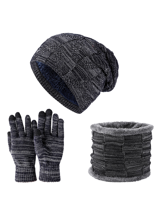 Fashion Navy Blue Solid Color Knitted Sweater Hat Five Finger Gloves Scarf Set