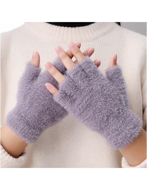 Fashion Grey Nylon Half Finger Plush Gloves
