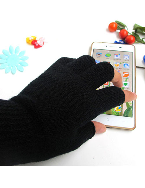 Fashion Black Solid Knit Half Finger Gloves