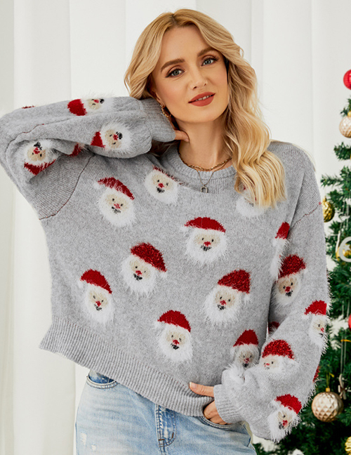 Fashion Grey Christmas Jacquard Knit Crew Neck Sweater