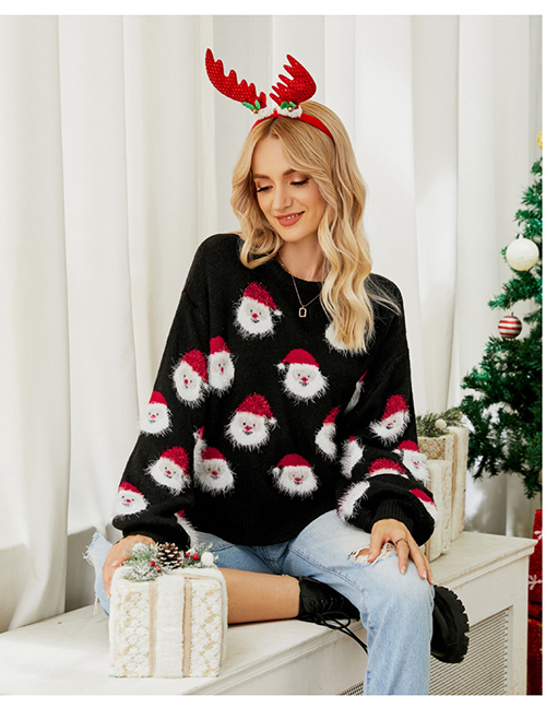 Fashion Black Christmas Jacquard Knit Crew Neck Sweater