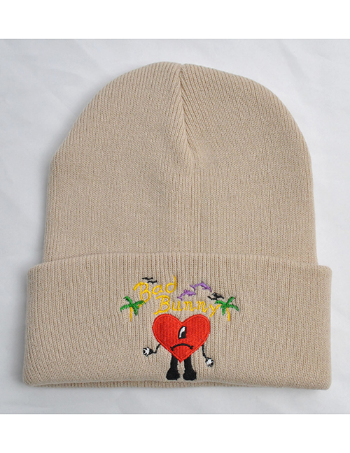 Fashion Beige Acrylic Letter Heart Embroidered Knit Beanie