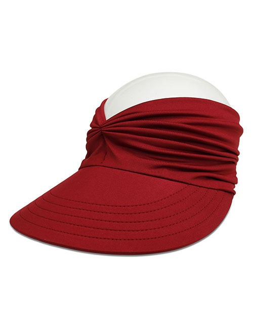 Fashion #8 Wine Red Cotton Polyester Pleated Wide Brim Sun Hat