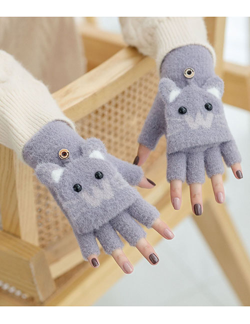 Fashion Grey Plush Cartoon Half Finger Gloves