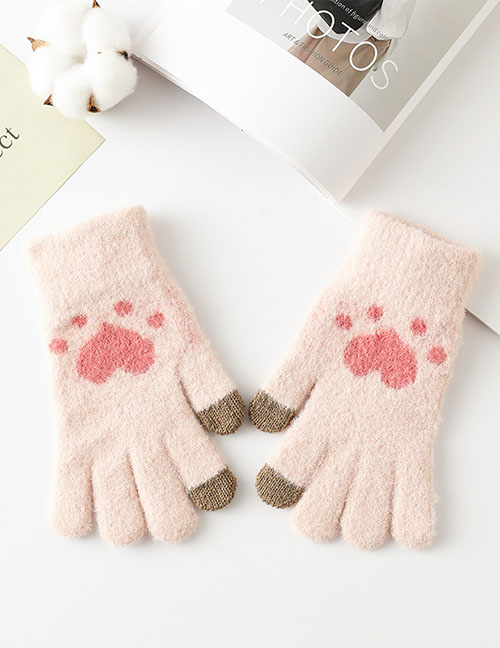 Fashion Pink Wool-knit Jacquard Five-finger Gloves