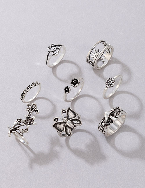 Fashion Silver Alloy Geometric Kink Flower Butterfly Mushroom Ring Set