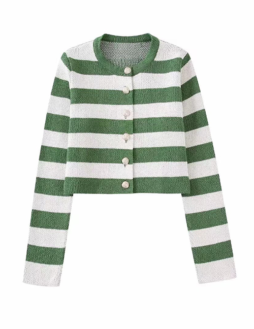 Fashion Green And White Polyester Breasted Striped Cardigan Jacket
