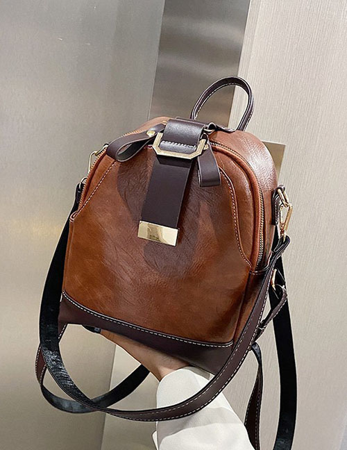 Fashion Brown Pu Soft Leather Large Capacity Backpack